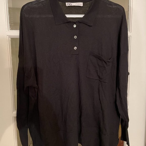 Zara Soft Black Oversized Lightweight Polo Knit Sweater Pocket-Size Small - Picture 2 of 4